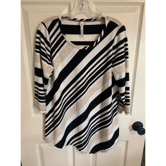 NY COLLECTION Sz L Black/White/Taupe Asymmetrical Front Striped Blouse - Picture 3 of 9